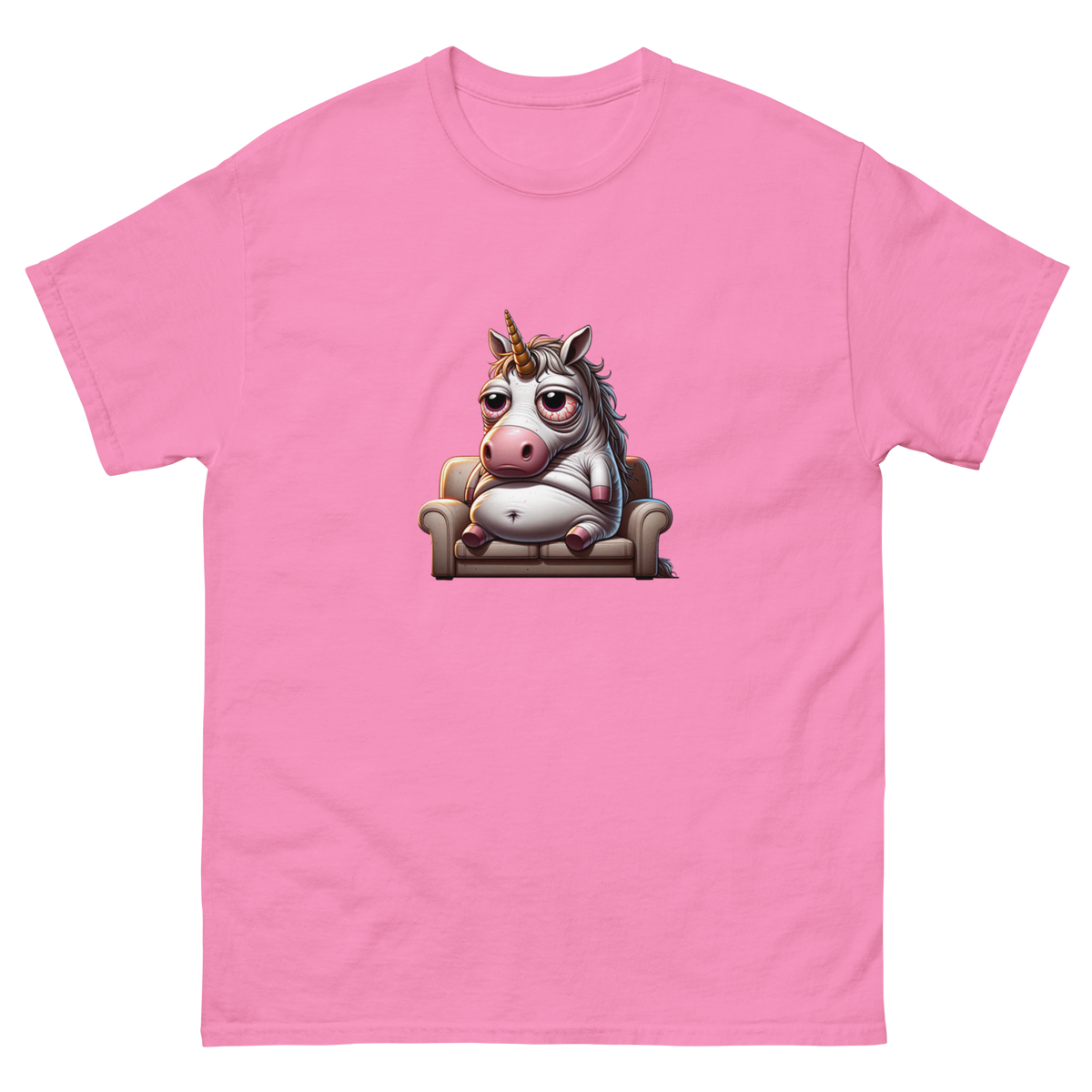 Humorous t-shirt with a cartoon illustration of a laid-back, overweight unicorn lounging on a couch, looking relaxed with bloodshot eyes, capturing a whimsical and slightly rebellious vibe. Perfect for adding a touch of humor and fantasy to your wardrobe