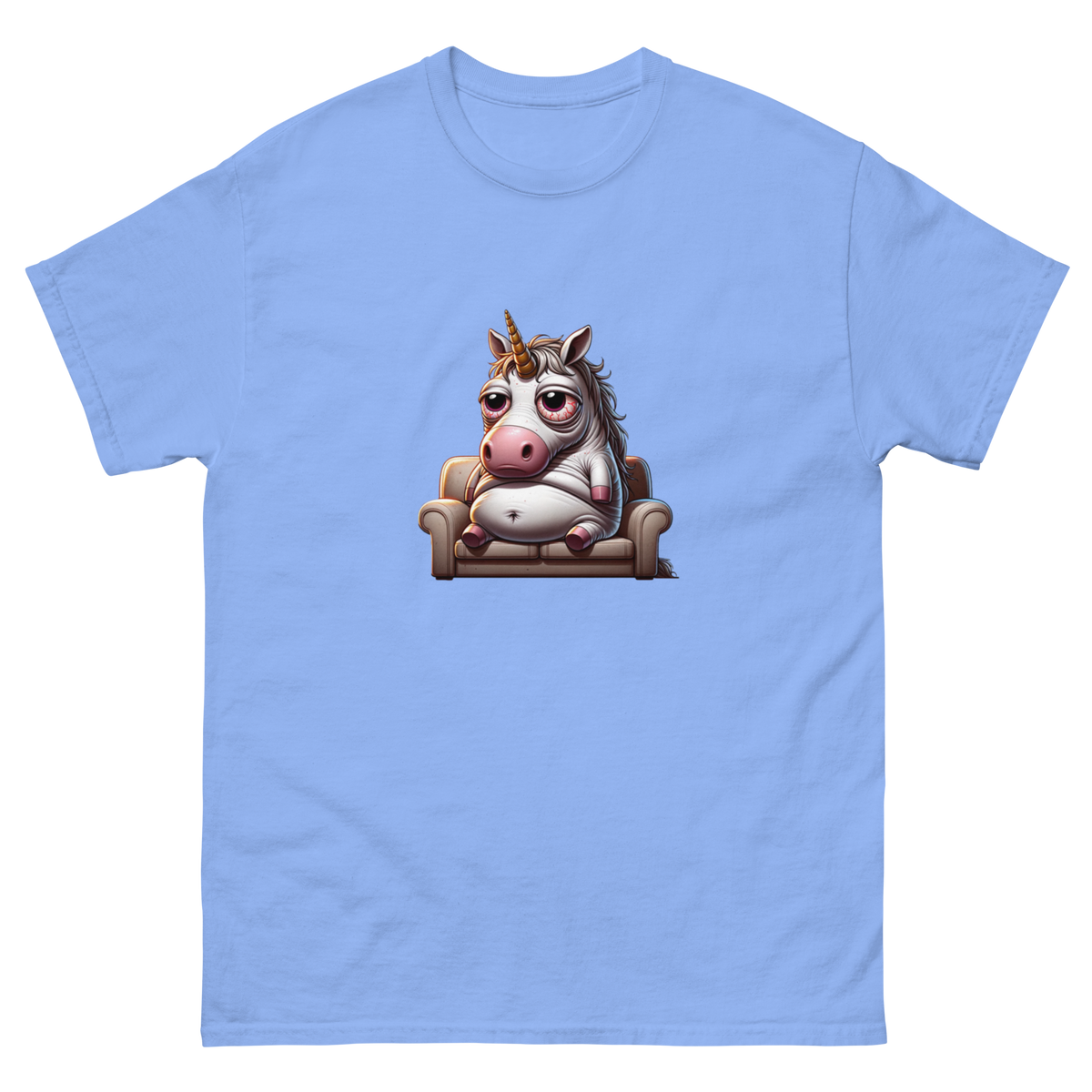 Humorous t-shirt with a cartoon illustration of a laid-back, overweight unicorn lounging on a couch, looking relaxed with bloodshot eyes, capturing a whimsical and slightly rebellious vibe. Perfect for adding a touch of humor and fantasy to your wardrobe