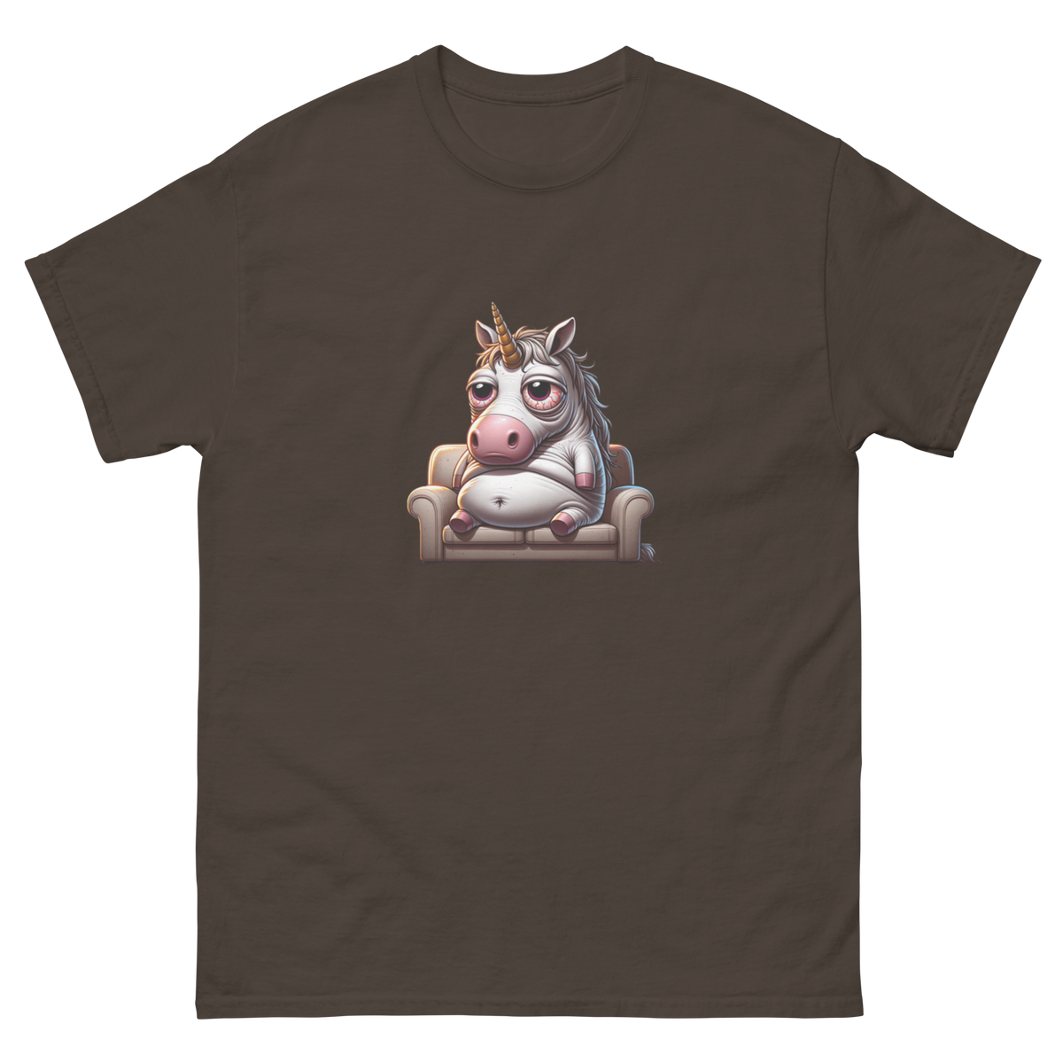 Humorous t-shirt with a cartoon illustration of a laid-back, overweight unicorn lounging on a couch, looking relaxed with bloodshot eyes, capturing a whimsical and slightly rebellious vibe. Perfect for adding a touch of humor and fantasy to your wardrobe